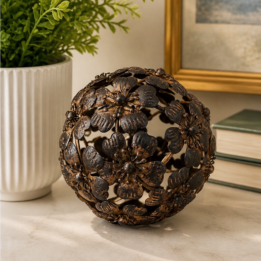 Vintage Decorative Floral Metal Sphere - Bronze Floral Accent, MCM